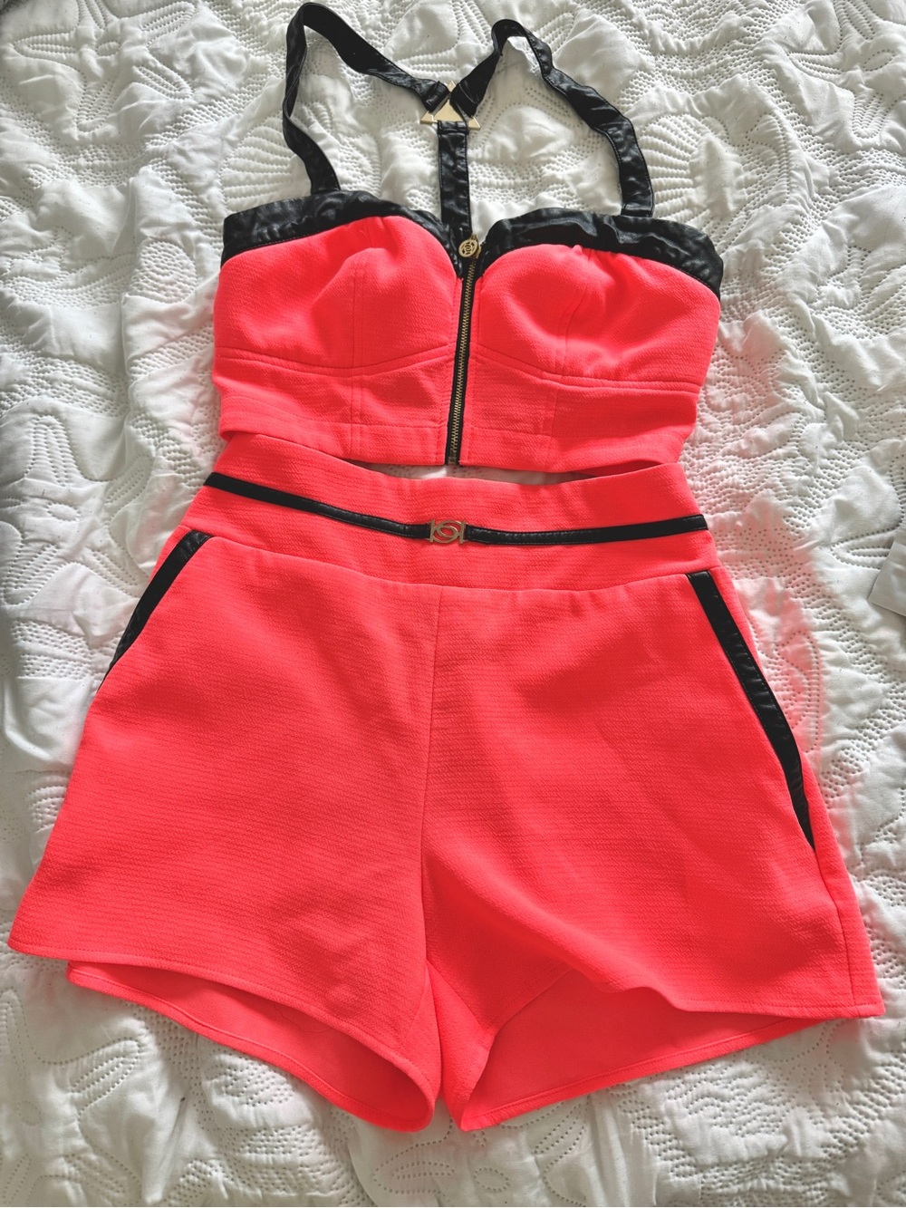 Bebe Neon Coral Two-Piece Crop Top & High-Waist Shorts Set